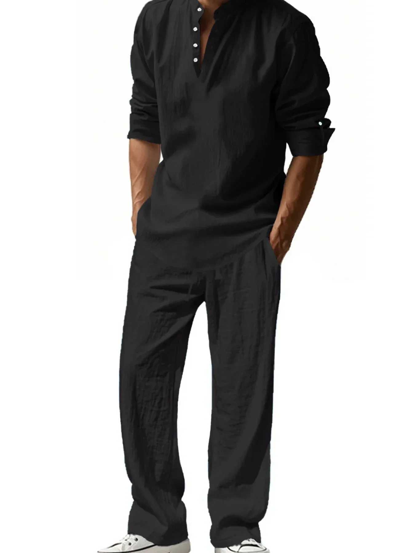 Mens Henley Cotton Linen Shirts Long SLeeve Lightweight T-Shirts Breathable Streetwear Solid Color Business Button T-Shirts M260305