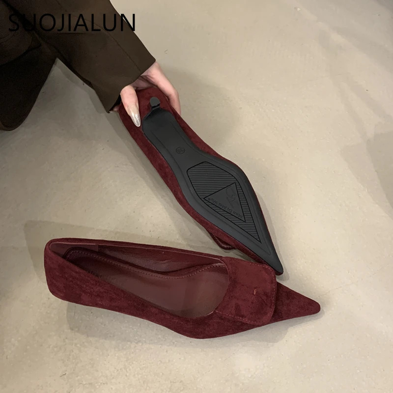 SUOJIALUN Autumn Women Pointed Toe Boat Shoes Fashion Red Ladies Elegant Dress Pumps Shoes Thin Low Heel Outdoor Dress Pump 260303