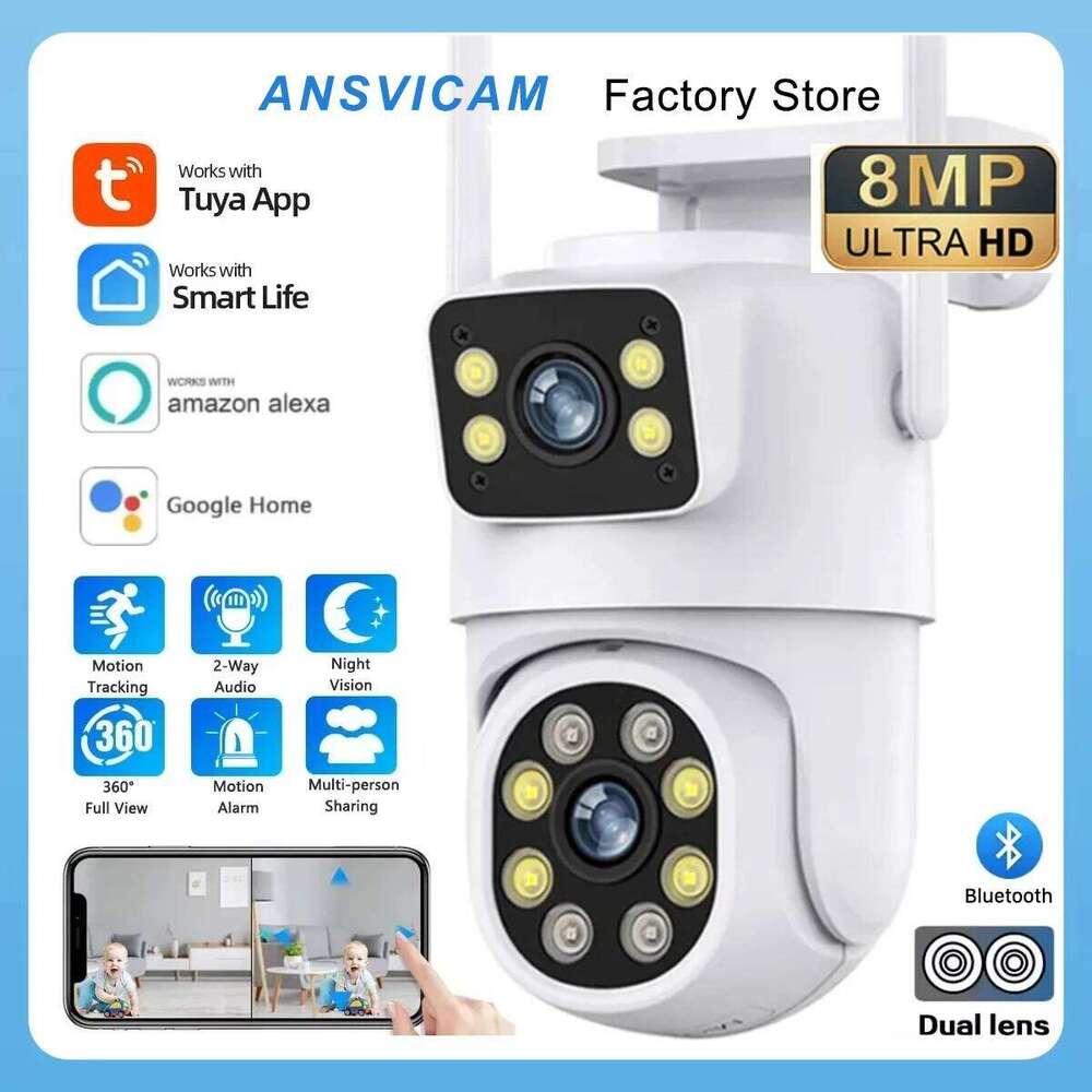 4K 8MP Tuya Lens PTZ WIFI Full HD Dual Screen Ai Human Auto Tracking Outdoor 4MP Security Video Surveillance Camera 26W0306