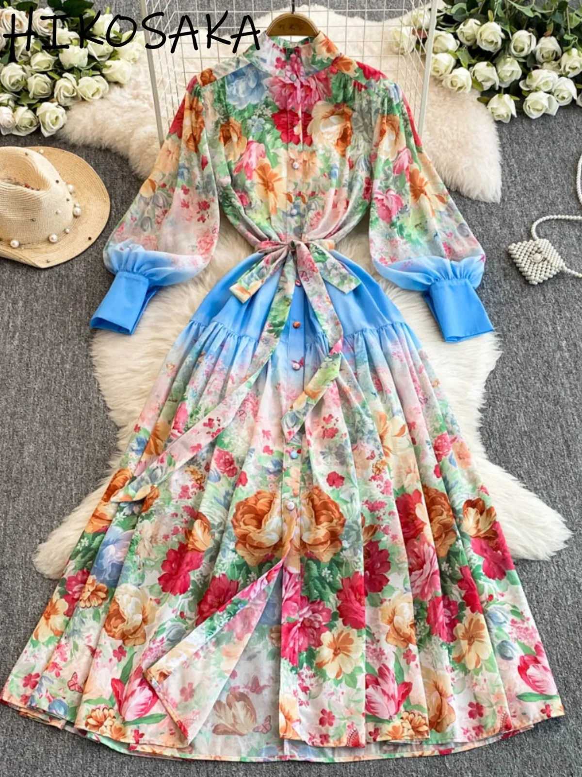 French Court Style Women Dress Spring New Floral Print Slim Waist A-line Big Swing Robe Stand Collar Lantern Sleeve Vintage Ropa X260306