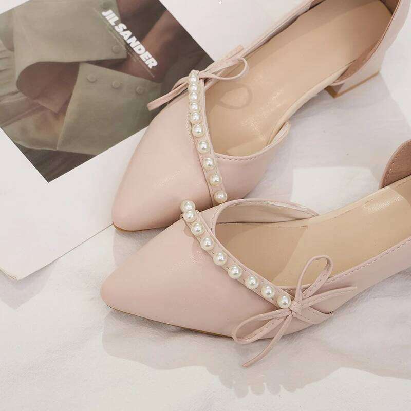 Women's Elegant Pointed Toe Pumps Pearl Bowknot Design Low Chunky Heels Comfortable Cutout Dress Shoes for Wedding Party Office