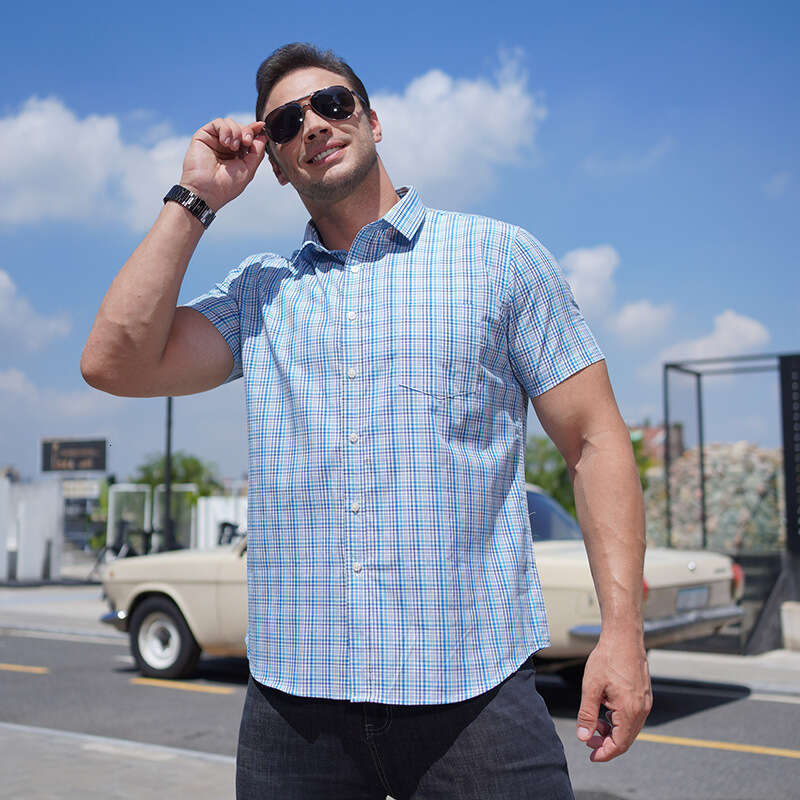 Cross-border summer plus-size plaid loose casual oversized big and tall men, yarn-dyed short-sleeve shirt for men