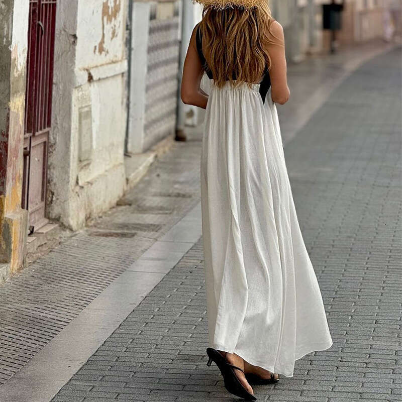 In stock 2026 European and American women's clothing spring/summer new cross-border fashion solid color halter neck sleeveless cotton-linen dress