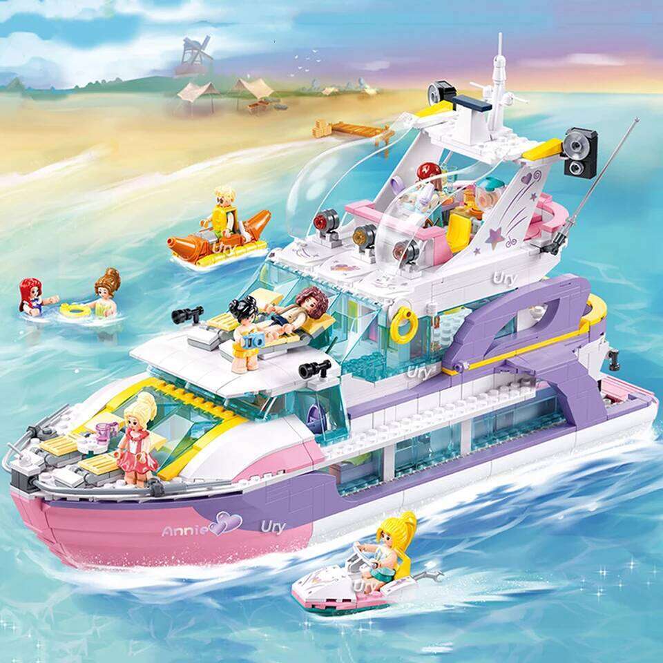 Sluban Friends Luxury Yacht Boat Party Cruise Vessel Model Building Blocks Ship Set Sea 8 Figures MOC Toy for Girl Birthday Gift Z260305