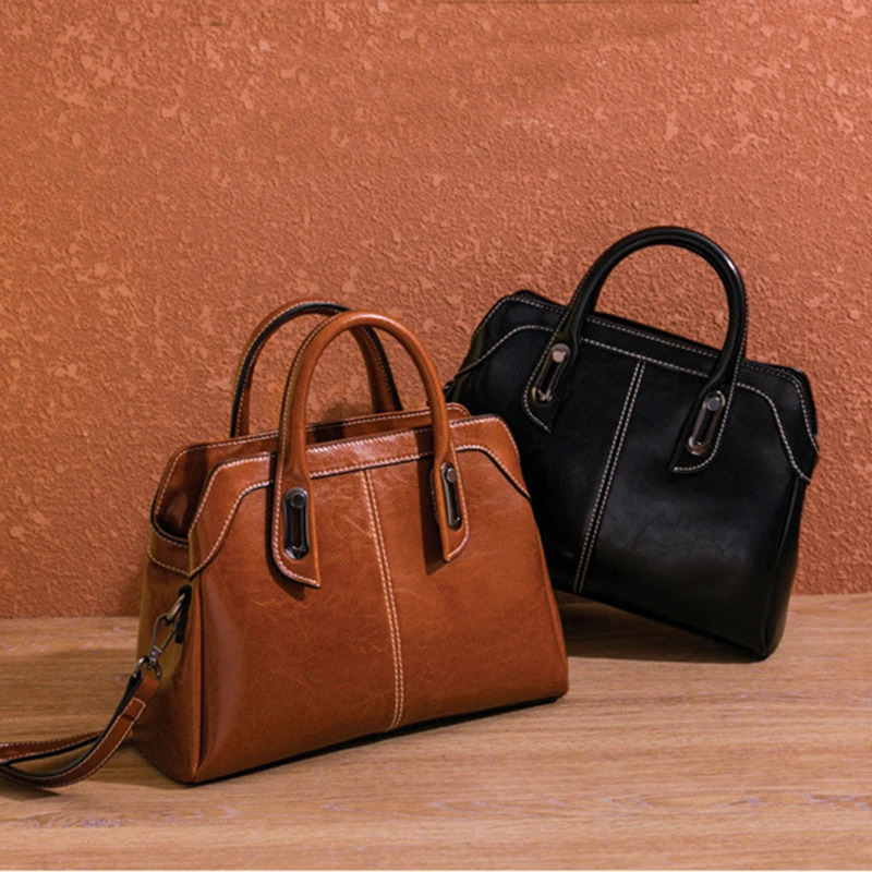 Genuine Leather Women Handbag Top Handle Shoulder Cross body Bag Fashion Oil Wax Cowhide Purses and Handbags Messenger Tote Bags 260228