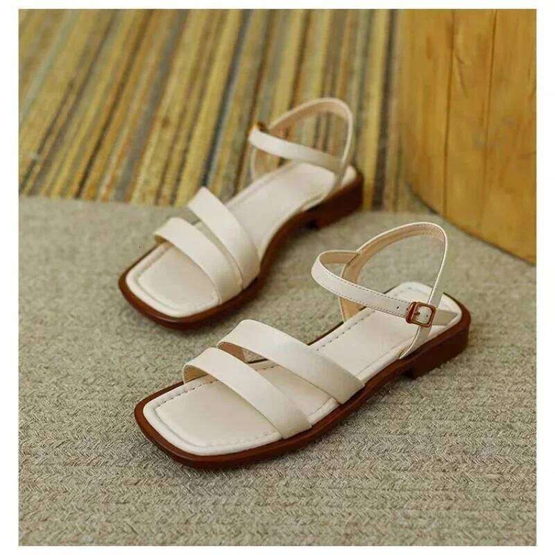New Fashion Summer Women's Square Open Toe Platform Sandals Flat Buckle Light and Comfortable