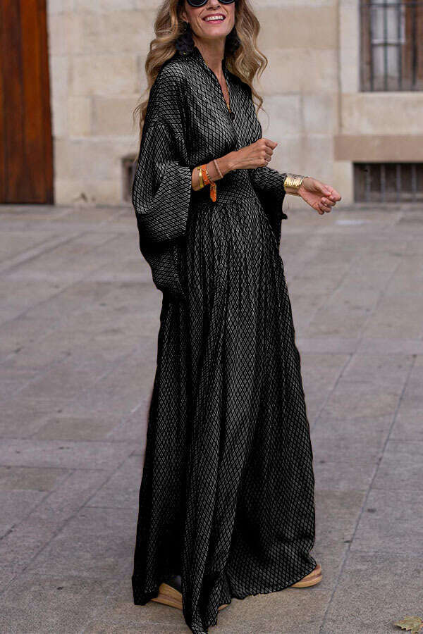2026 European and American Autumn Style Long Sleeve Loose V-Neck Waist-Cinching Flared Dress for Women
