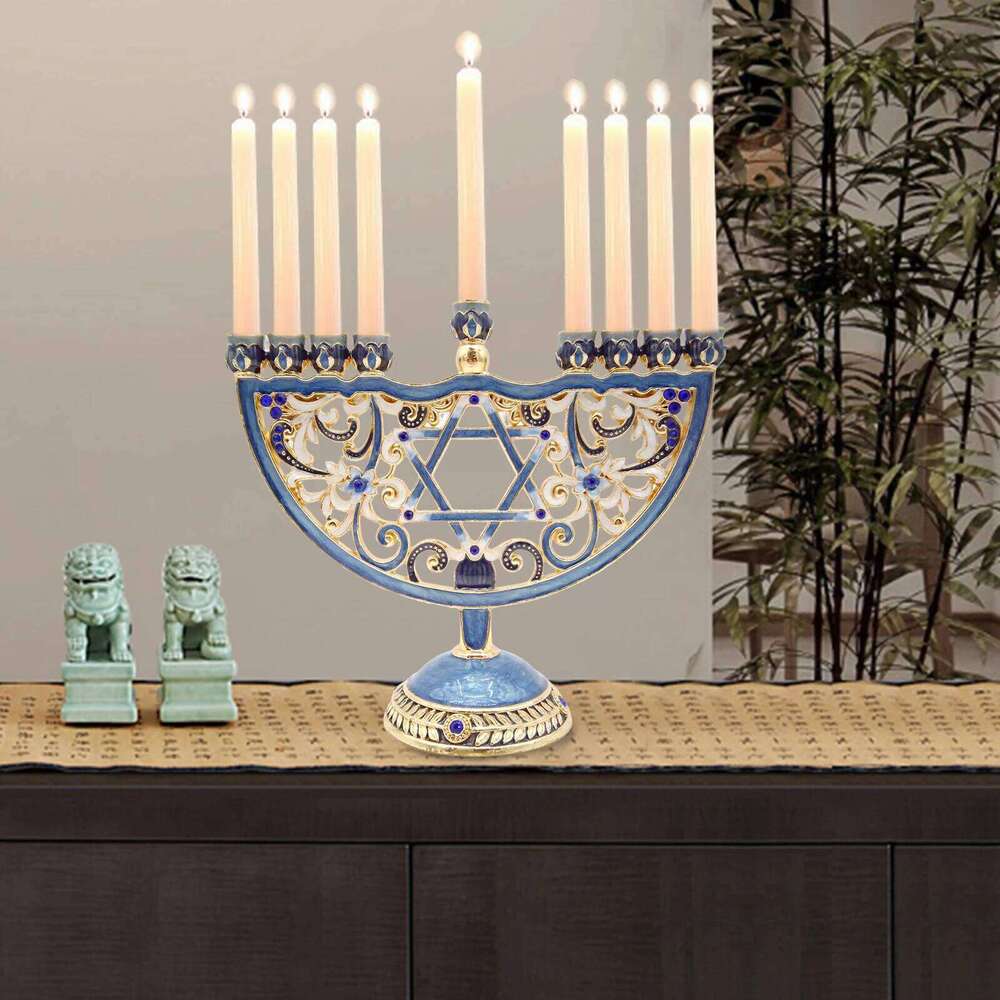 European Style Retro Enameled Menorah Hand Painted with Jeweled Accents Bejeweled Jewish Candlesticks Christmas Crafts Gi XJ260305