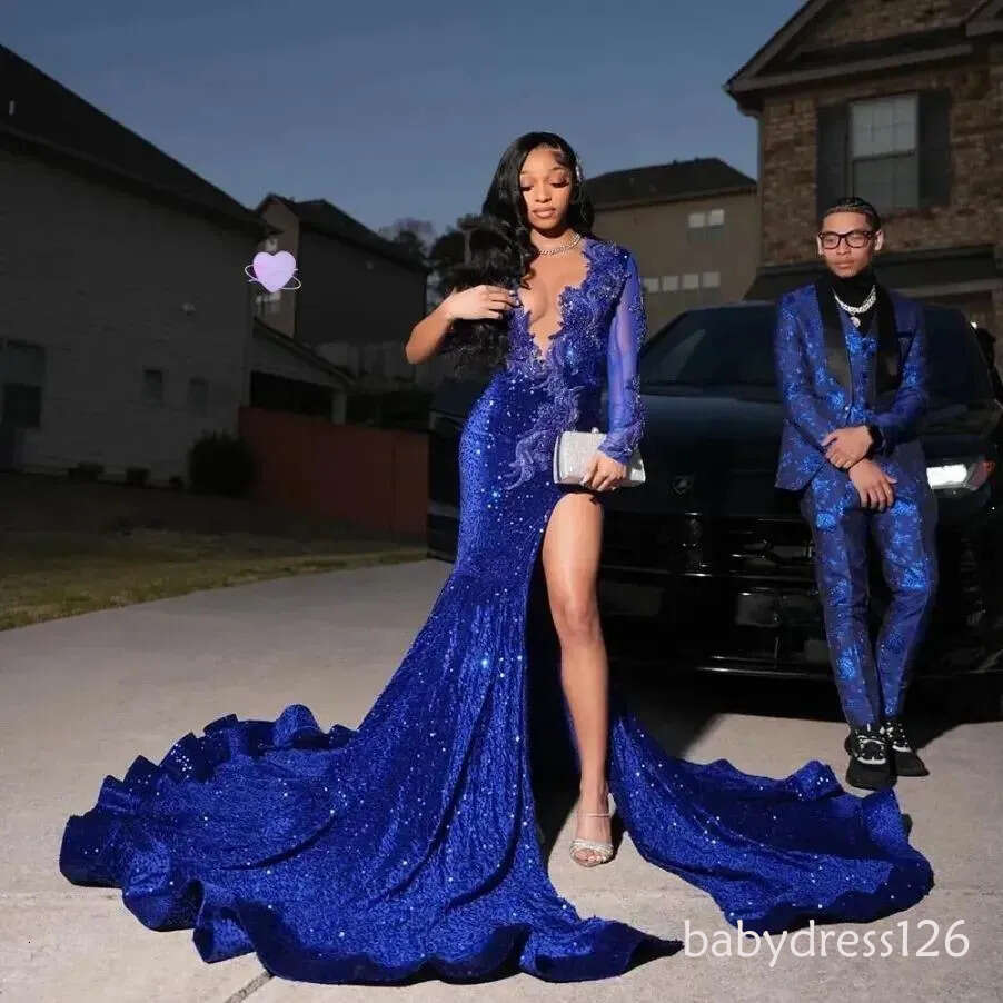 Sparkle Royal Blue Prom Dresses For Black Girls 2026 Sheer Long Sleeves Split Evening Gowns Women Red Carpet Runway Party Dress Customized J17