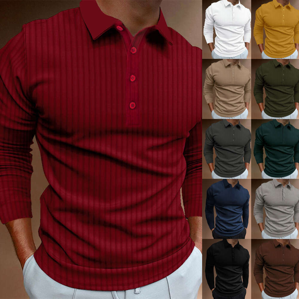 European and American Cross-Border Trade Men's Summer Sports Fitness Casual Turn-Down Collar Stretch Vertical Stripe Long Sleeve Polo Shirt for M