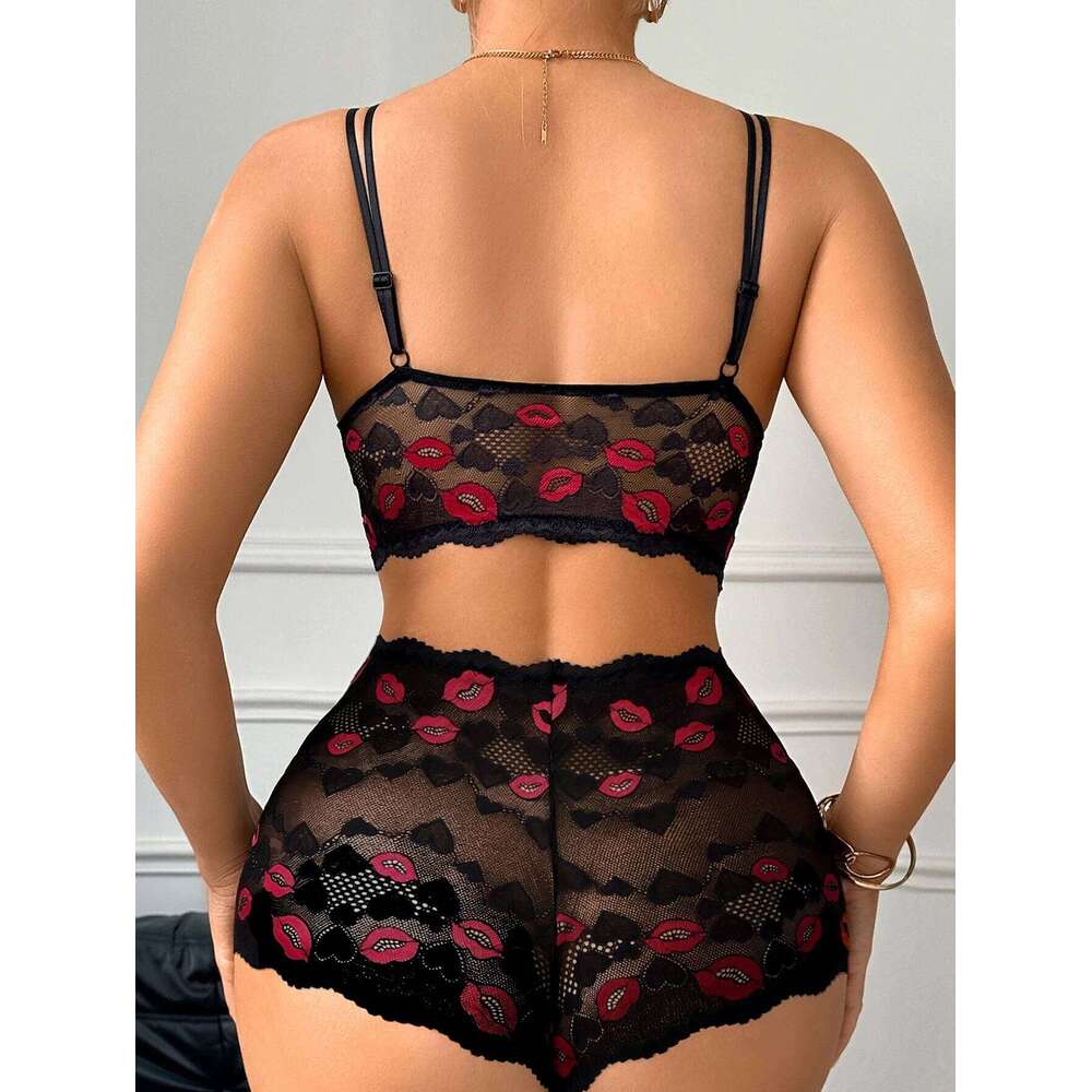 Lip Print Women's Underwear Hollow-Out Lace Unlined Bra Lingerie Set Thin Cup Wireless Sexy Bras and Sheer Panties