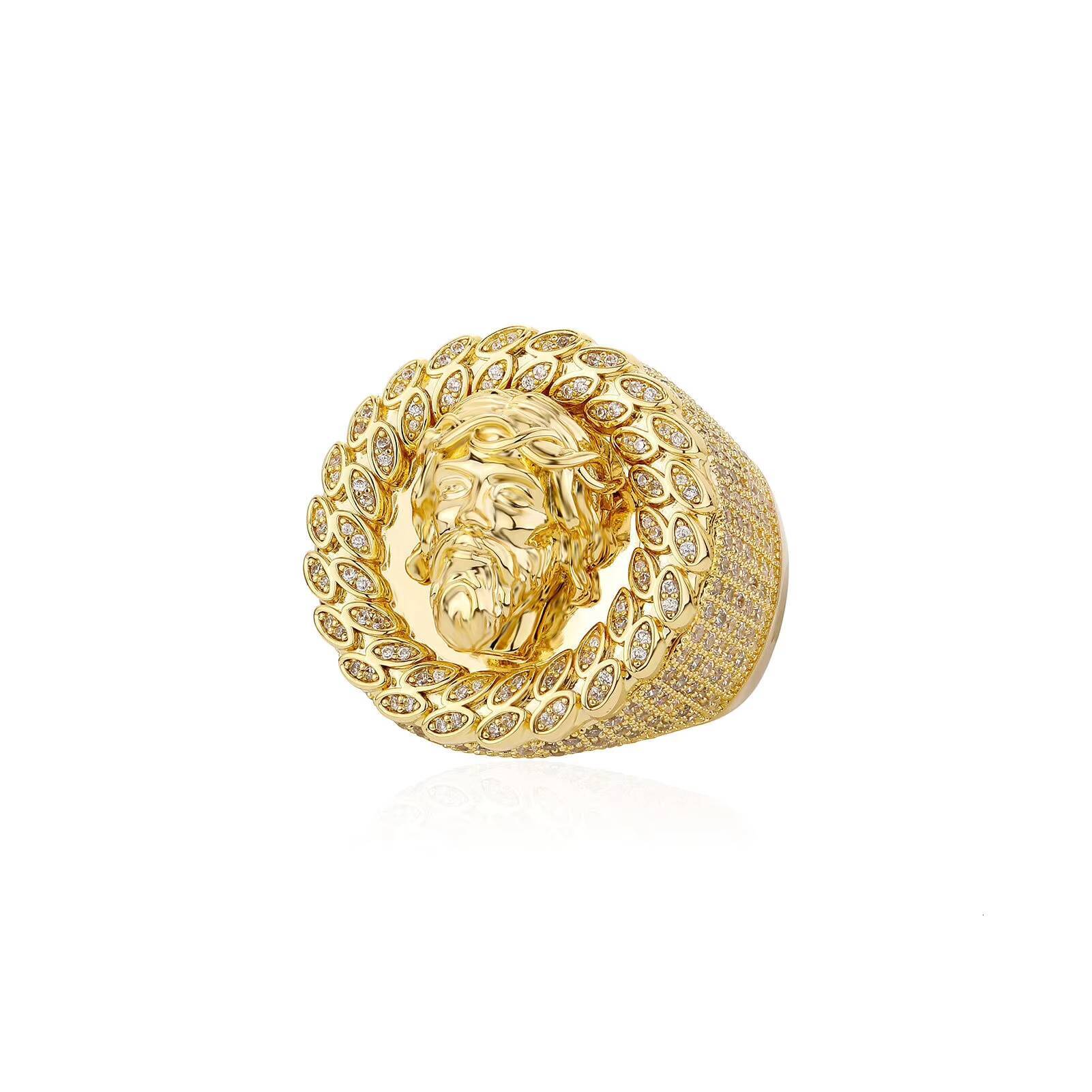 Wholesale Hip Hop Jewelry Christian Jesus Ring Iced Out Cubic Zircon Diamond Jesus Face Head Christ Brass Real Gold Plated Ring