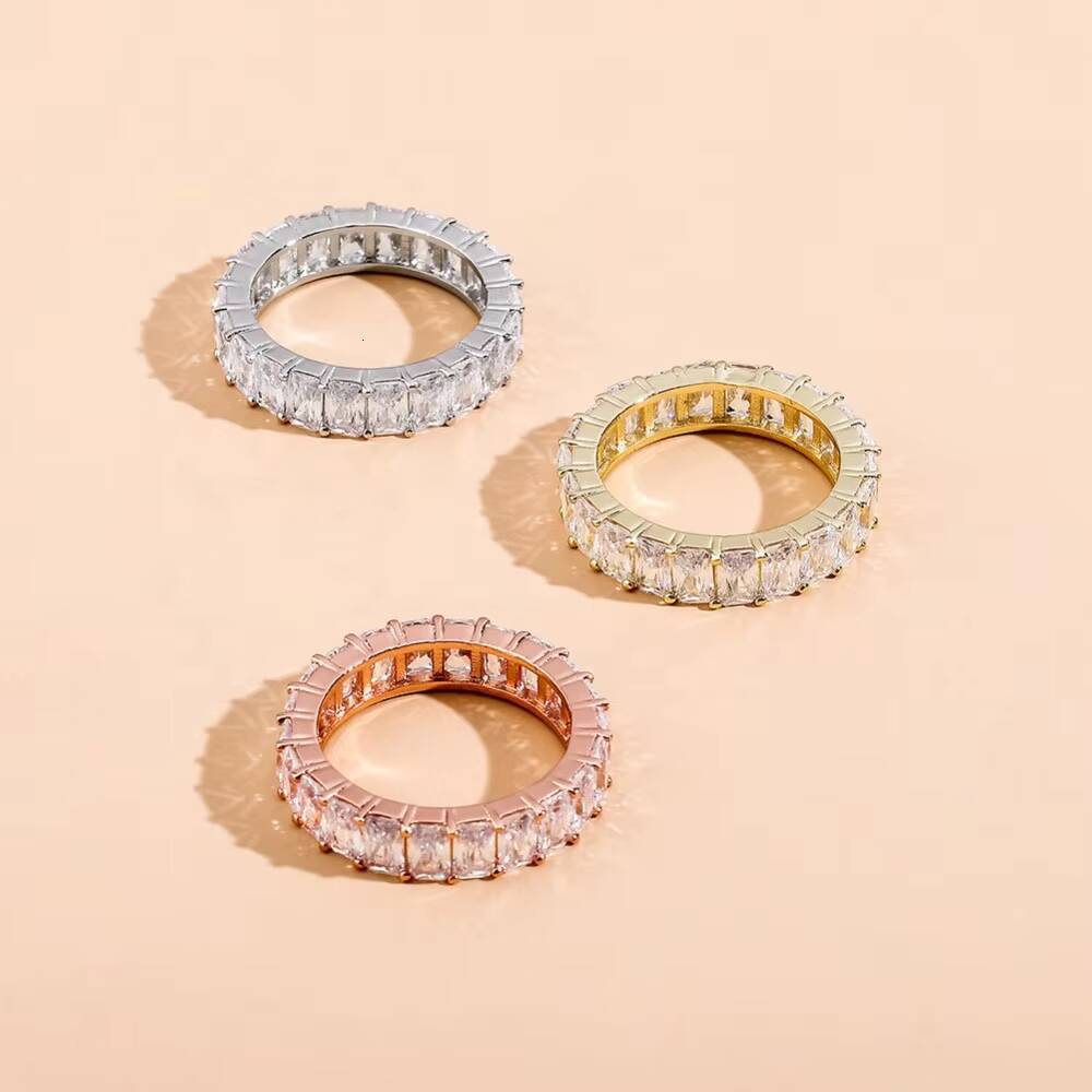 Fashion Trendy Iced Lab Created Zircon Geometric Hip Hop Eternity Engagement Wedding Band Ring Brass Platinum/Gold Plated Men