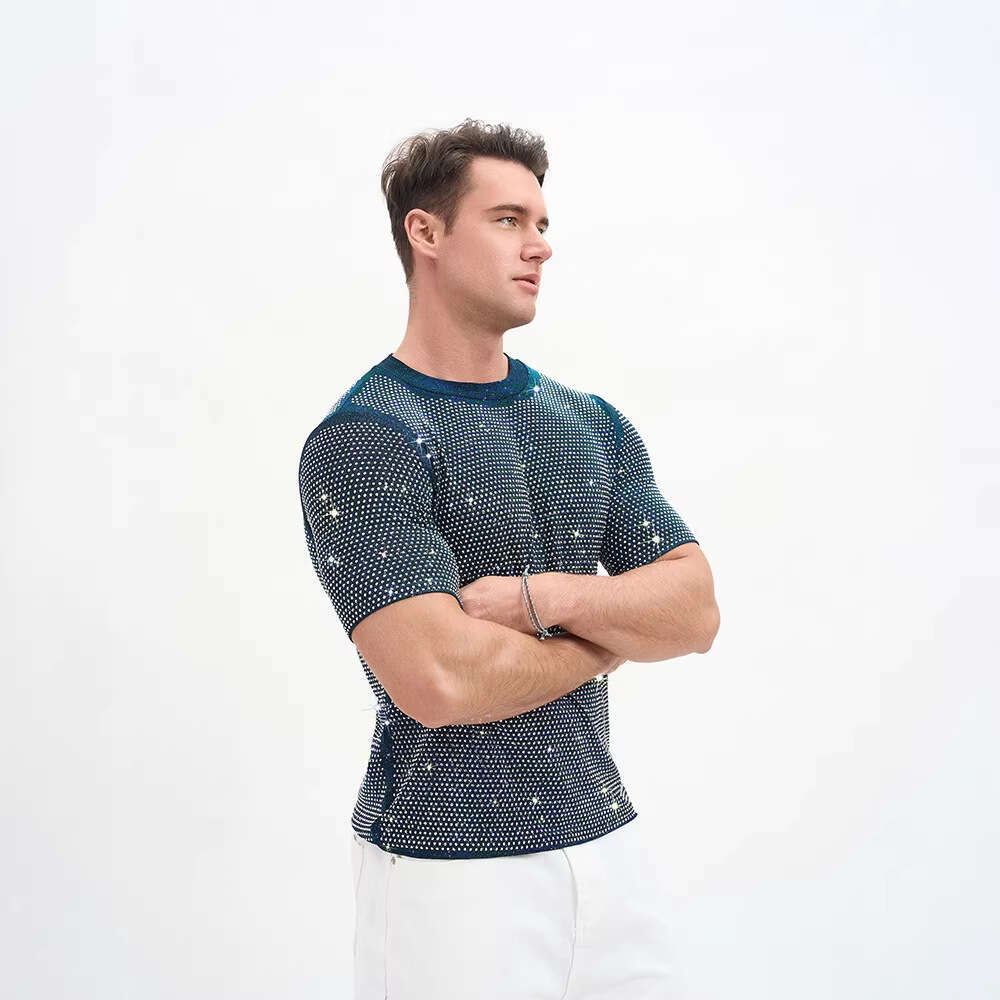 New European and American men's clothing, American-style breathable double-layer short-sleeve T-shirt, rhinestone party nightclub outfit
