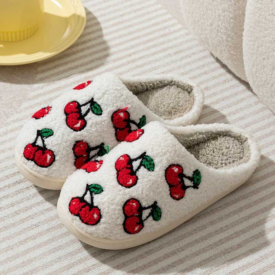 Cherry Fruit Embroidered Pattern Winter Plush Slippers Classic Soft Sole Indoor Casual Women Bedroom Cute Home Warm Comfy Shoes S260305