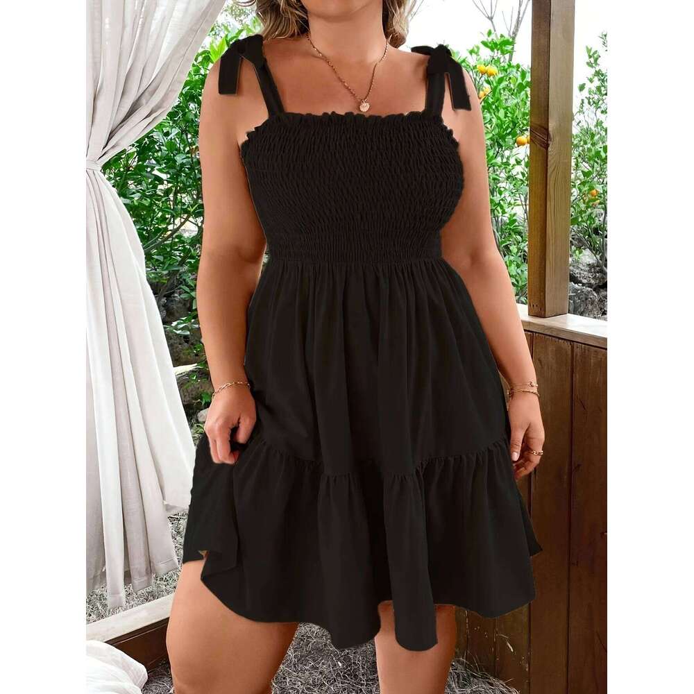 Ladies Solid Elastic Strap Butterfly Knot A-Line Halter Dress Vacation Gown Women's plus Size Clothing