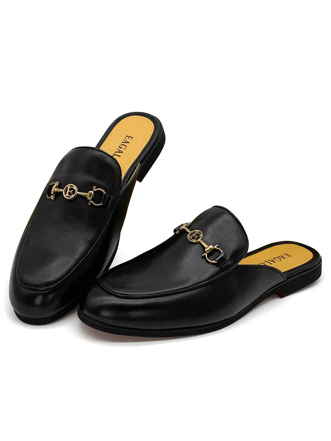 Men's Black Leather Mules Gold Decorative Metal Buckle Backless Loafers Flat Slip-on Slides Casual Office Daily Wear Mules