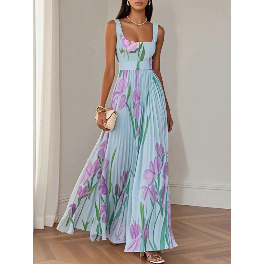 Women's Elegant Summer Maxi Dress Floral Digital Print Pleated Flowy Beach Vacation Party Dress 2026 New Fashion