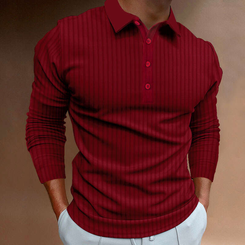 European and American Cross-Border Trade Men's Summer Sports Fitness Casual Turn-Down Collar Stretch Vertical Stripe Long Sleeve Polo Shirt for M