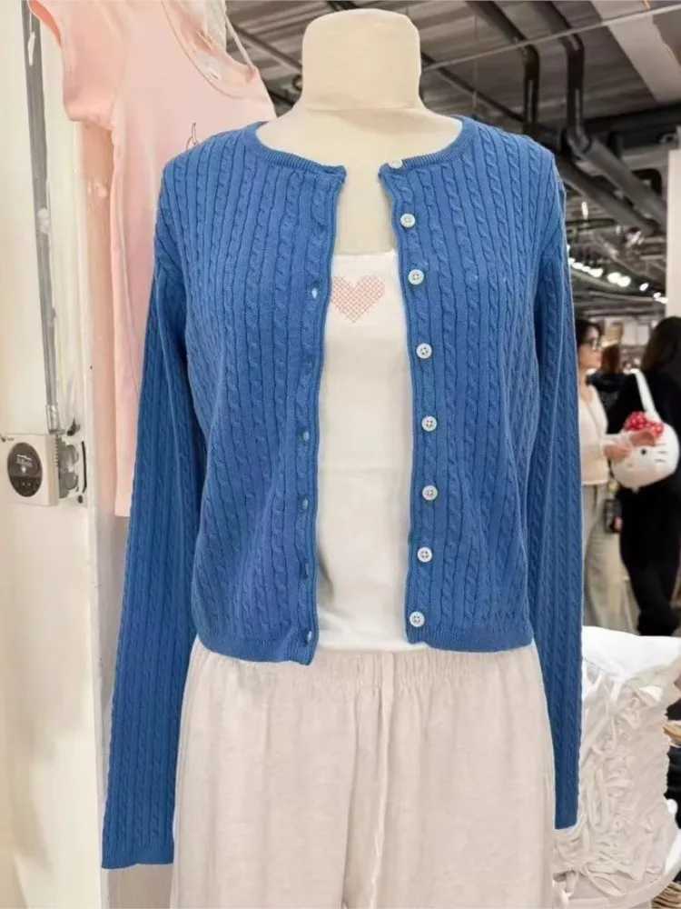 New Blue Twisted Flower Knit Cardigan Women Autumn Casual O-neck Single-breasted Slim Crop Tops Vintage Preppy Style Sweater Y2K M260306