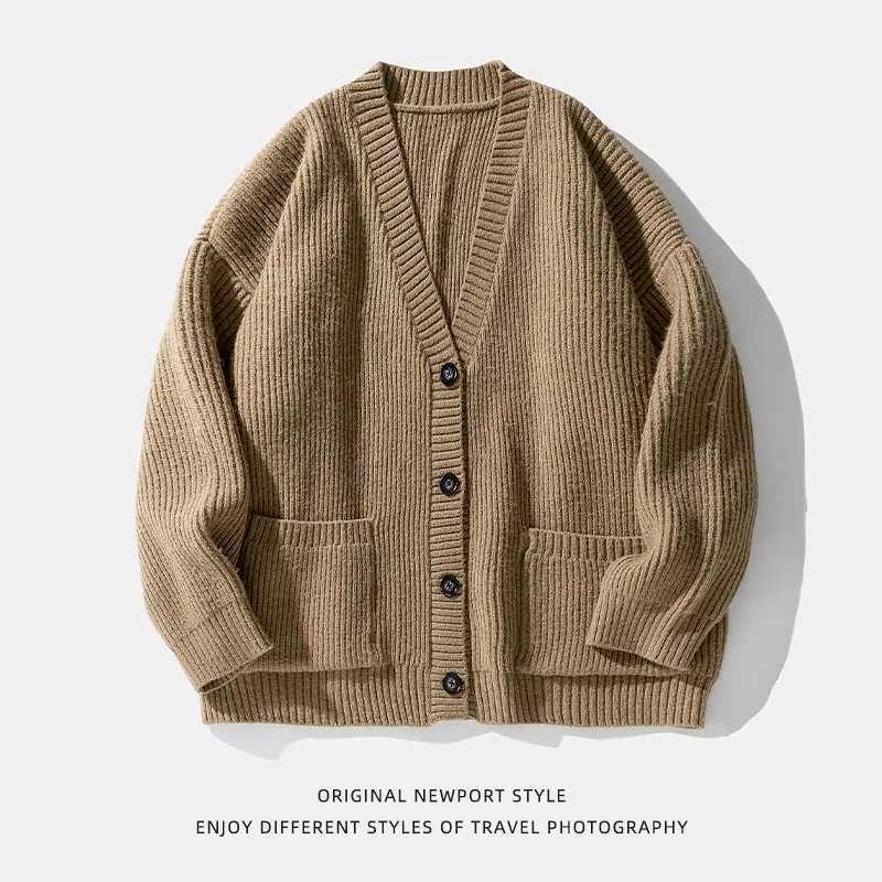 Mens autumn and winter new Japanese style cardigan sweater womens V-neCK sweater loose soft knit coat brown M260306