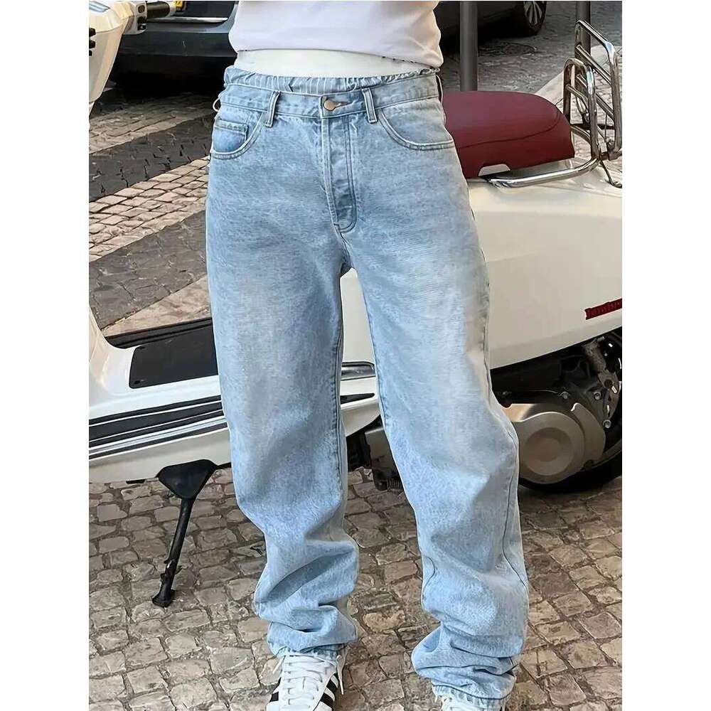 Men'S Vintage Washed Blue Loose Fit Jeans - Casual Straight Leg Denim Pants with Zipper Fly, All-Season Comfort, Mid Waist, Casu