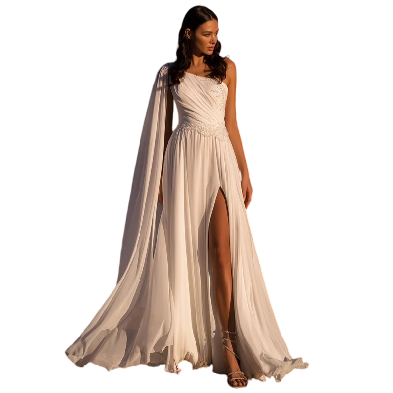 One Shoulder Chiffon Boho Wedding Dress Side Slit A-Line Long Summer Beach Bridal Gowns Beaded Pleats White Country Bride Dress Vestidos De Novia