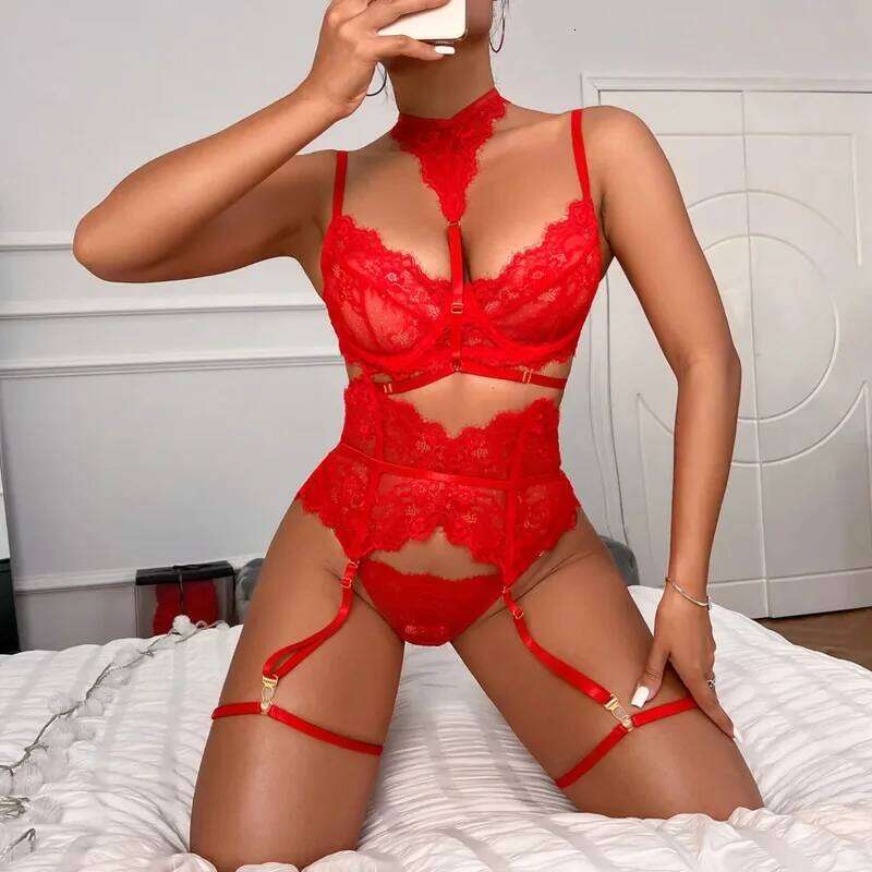Women's Sexy Lingerie Bra Waist Cover Underwear Set Summer Eyelash Lace Stitching Strap Pants Loop