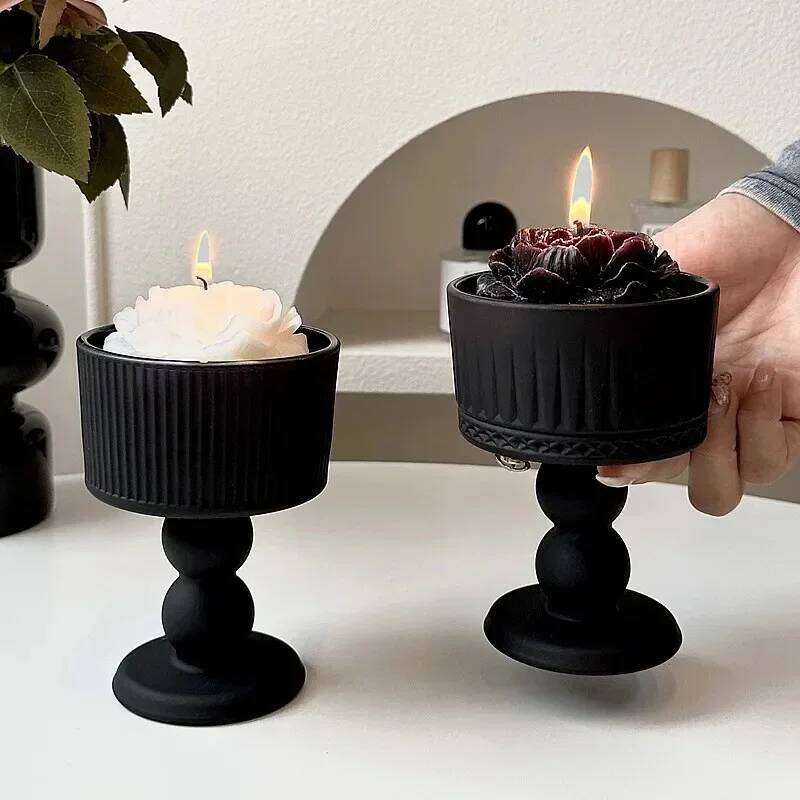 Black Frosted Candle Holder - Vintage Style, Atmospheric Decorative Accent, Photography Prop & Christmas Holiday Decor XJ260305