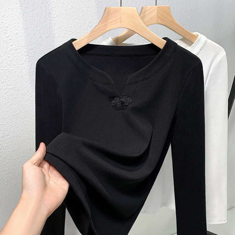 Cotton Autumn T Shirt for Women V Neck Sexy Slim Tops Long Sleeve Tshirt Basic Solid Y2k Streetwear Skinny Female Tee New Chinese style buttoned top