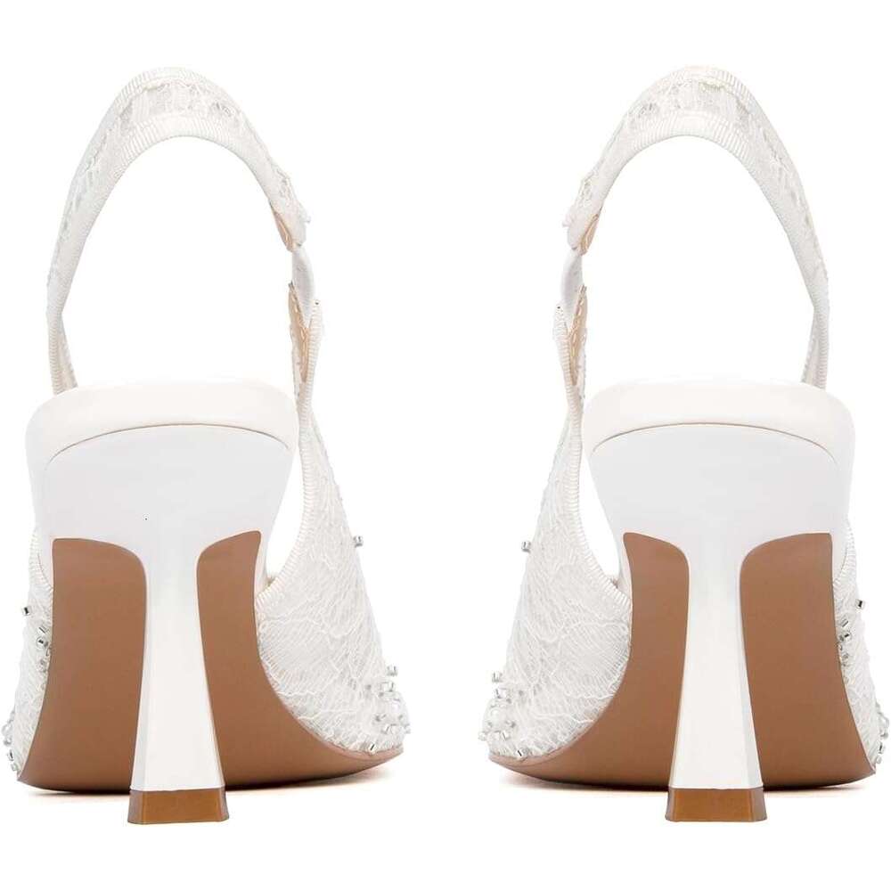 Slingback Wedding Heels For Women Bridal Lace Mesh Kitten Heel Closed Pointed Toe Pearl Pumps Shoes