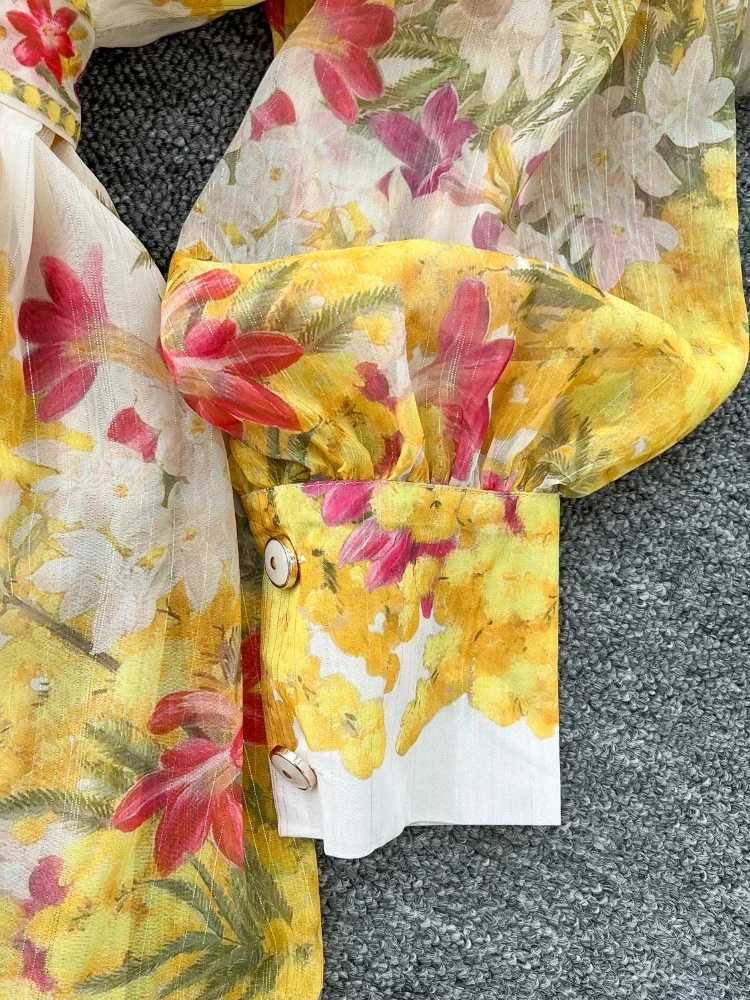 Spring France Elegant Vintage High End Evening Dress Women Sashes Print Button Long Party Dress Female Casual Holiday Clothing X260306