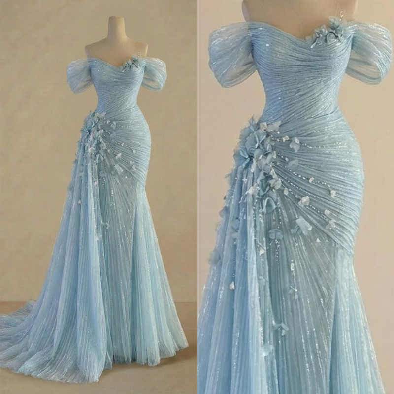 Elegant Mermaid Evening Dresses Off-Shoulder Sleeveless Crystals Pleated 3D Flower Prom Party Dresses With Train Customized