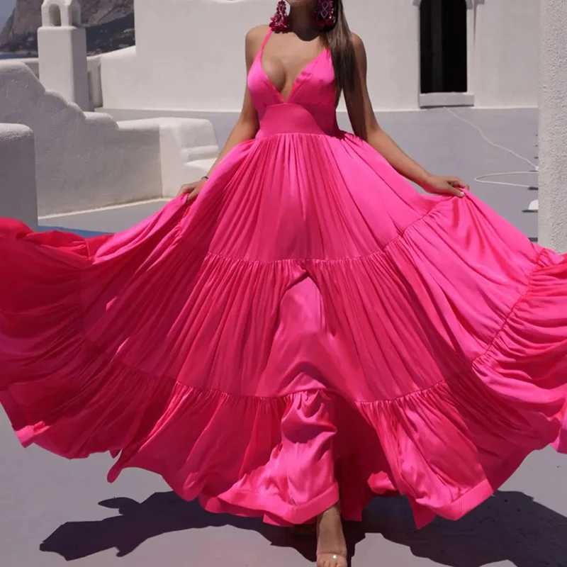 Sexy Backless Beach Party Dresses Elegant Deep V-neck Hight Waist Summer Dress Womens Fashion Sleeveless Solid Big Swing Dress X260306