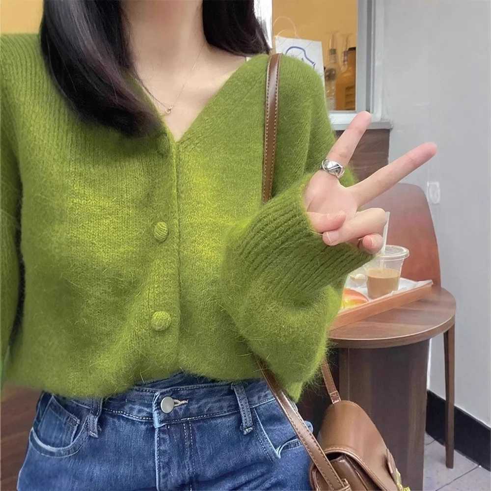 Spring Autumn Vintage Green Knitted Sweater Womens Lazy Style Single Breasted Cardigan Coat Soft V-neck Long Sleeved Top M260306