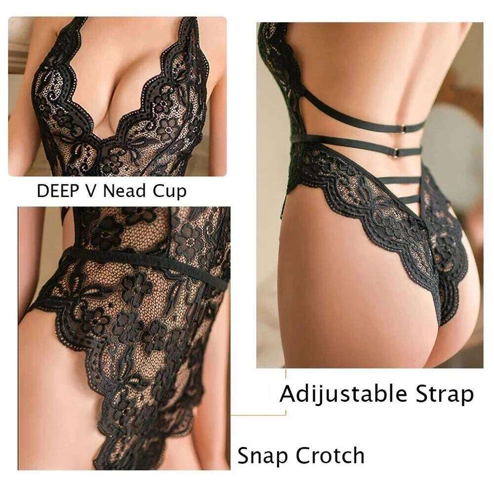 Women Transparent Bodysuit Sexy Lingerie Sleepwear Mesh Lace Floral See-through Teddies Catsuit Erotic Sex Costume