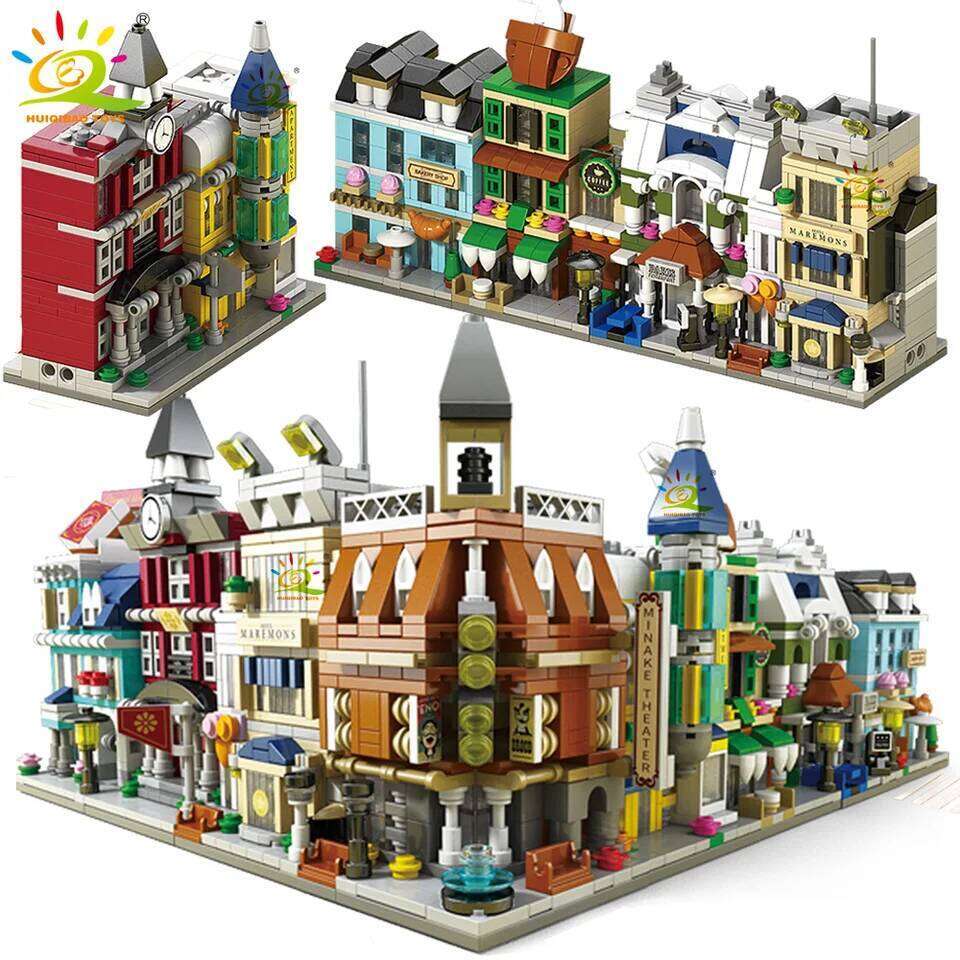 HUIQIBAO Moc Architecture Street View Building Blocks coffee Store Restaurant Room Children City Construction Brick Toy Set Gift Z260306