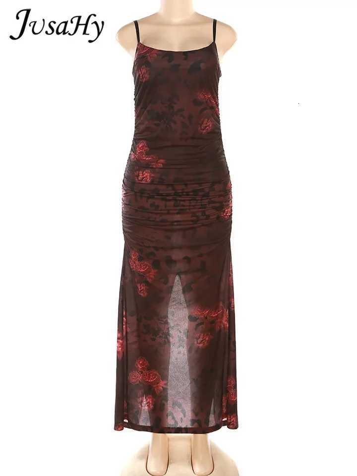 Sisterlinda Women New Y2K Elegant Solid Flower Printed Dresses Backless Hollow Out Spaghetti Strap Pleated Vintage Hip Dress2025 X260306