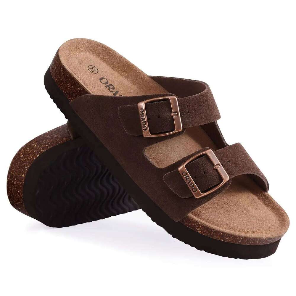 Litfun Classic Leather Women Fashion Suede Flats Sandals Thick Footbed Cork Slides Unisex Outdoor Beach Slippers