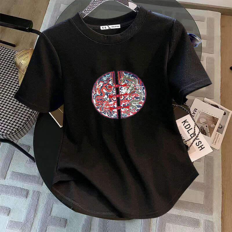 New Chinese Lightweight Embroidered Button Design short Women's Summer T-irt White Faionable Slim Fit round neck top Leisure multifunctional T-sl