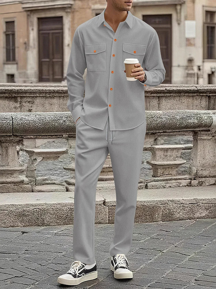 Cross border winter mens European and American corduroy casual suit workwear style long sleeved shirt long pants two-piece 260227