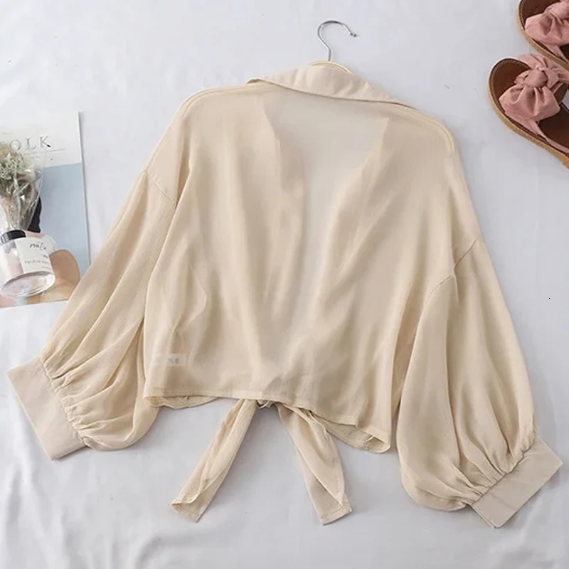 Women Summer Bat Half Sleeve Chiffon Shirt Casual Loose Button Hollow White Clothes Elegant Solid Color Tied Waist Blouse 9776 260306
