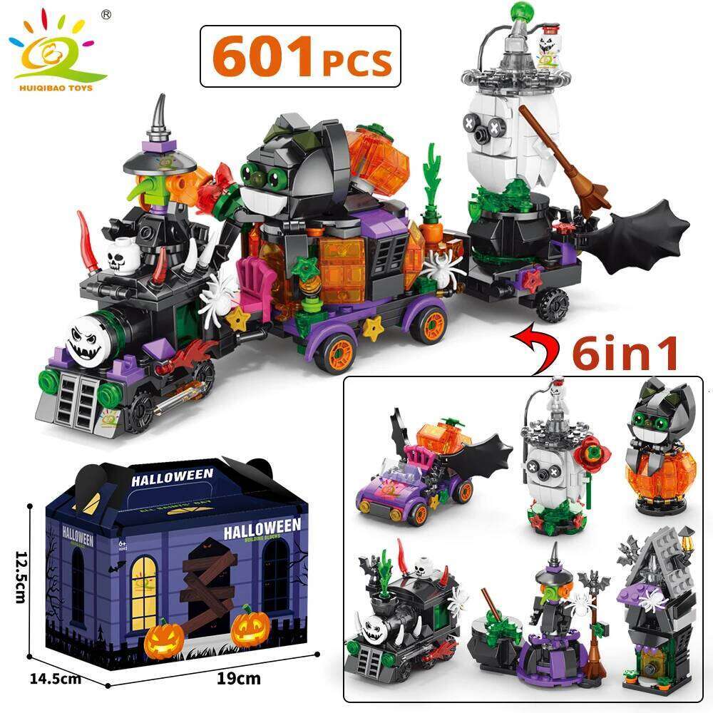 HUIQIBAO 6IN1 Halloween House Train Model Building Blocks City Pumpkin Ghost Car MOC Bricks Set Toys for Children Kids Gift Z260305