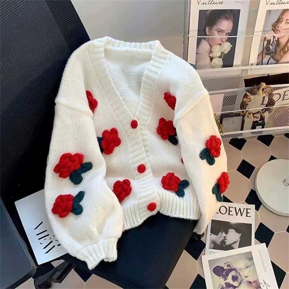 2026 New Fashion Sweet Flower Cardigan Sweater Women Autumn Winter V Neck Twist Short Knitted Coat Korean Women Clothing Tops M260306