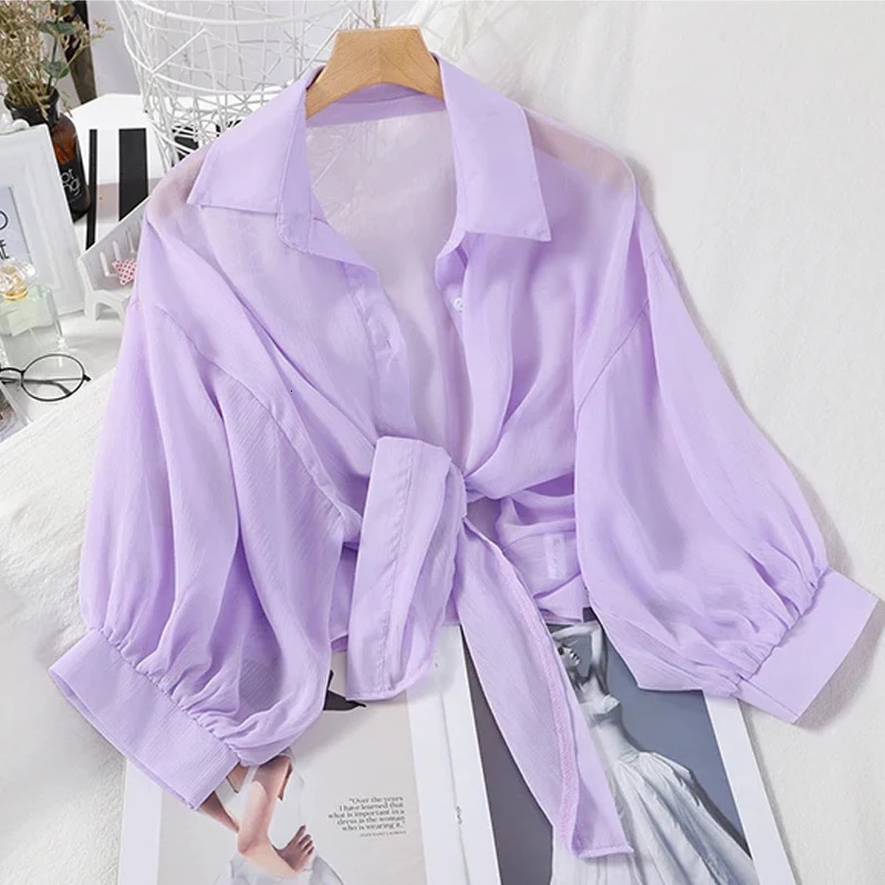 Women Summer Bat Half Sleeve Chiffon Shirt Casual Loose Button Hollow White Clothes Elegant Solid Color Tied Waist Blouse 9776 260306