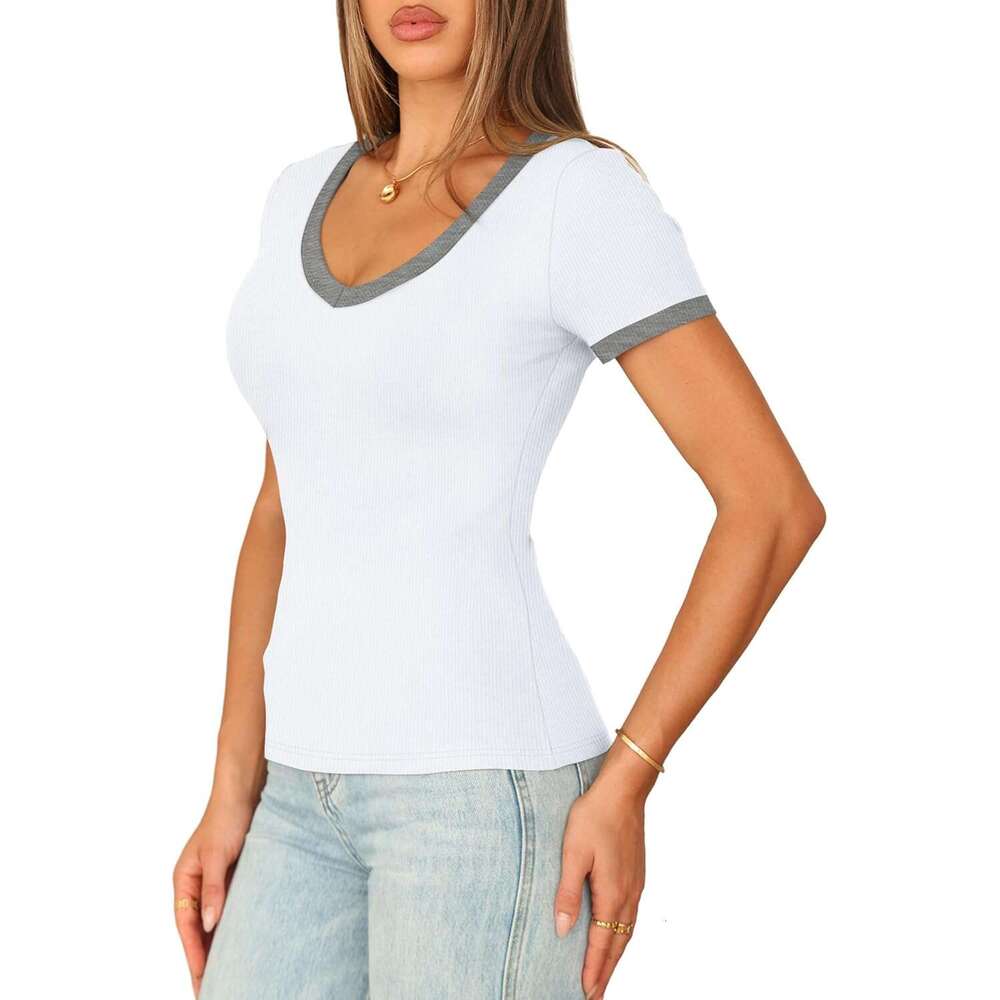 Short Sleeve Designer Shirts for Women V Neck Summer Ribbed Tshirts 2026 Slim Fit Spring Fashion Going Out Basic Tees