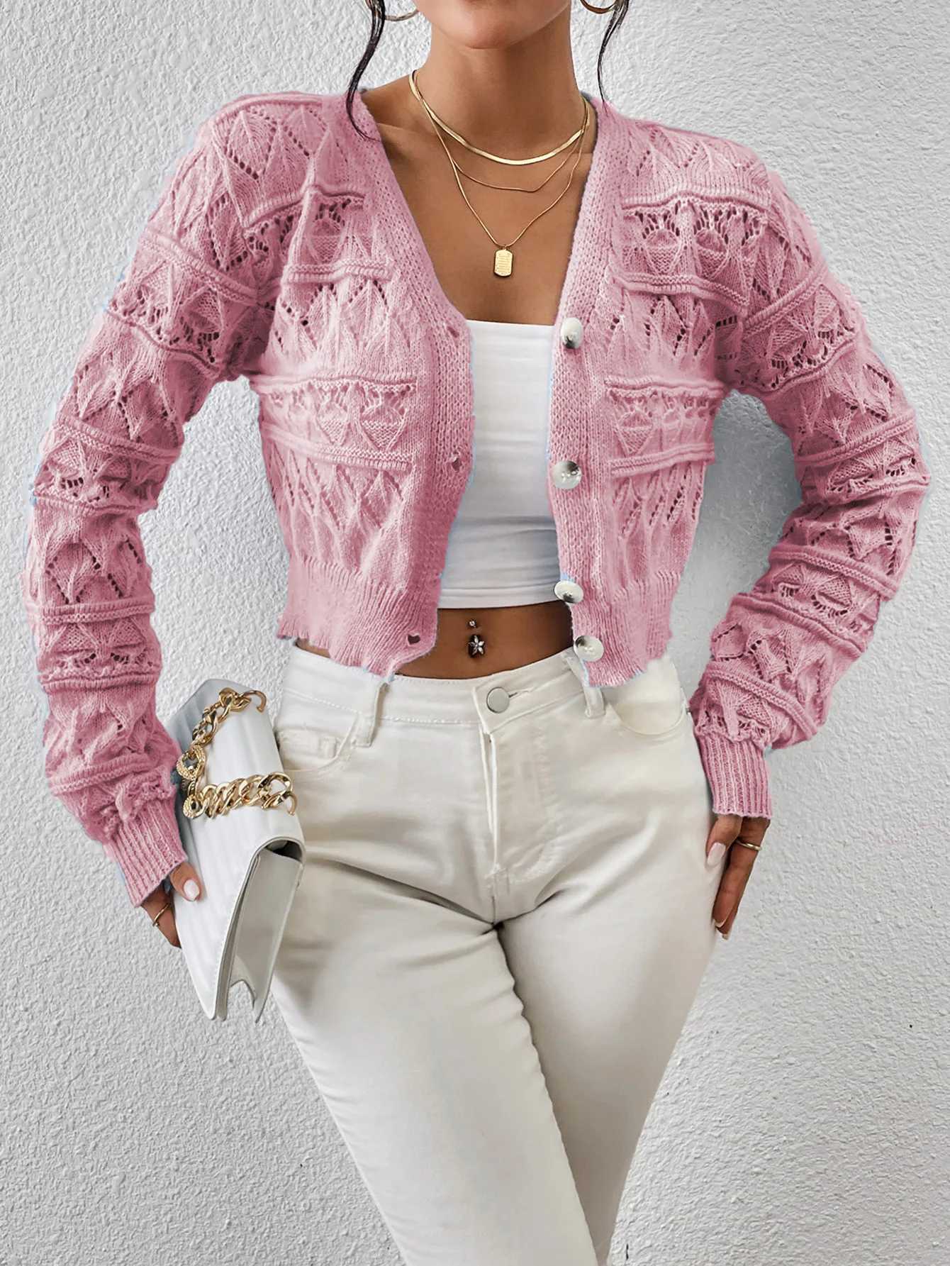 2026 New Autumn Women V-neck Knitwears Long Sleeve Knitted Sweaters Hollow Out Embroidery Single Breasted Short Cardigans Tops M260306