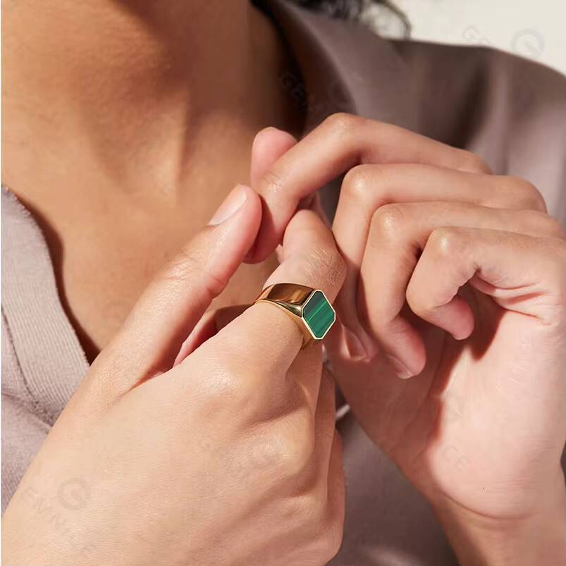 Gemnel Men New Gold Jewelry 925 Sterling Silver Malachite Signet Rings