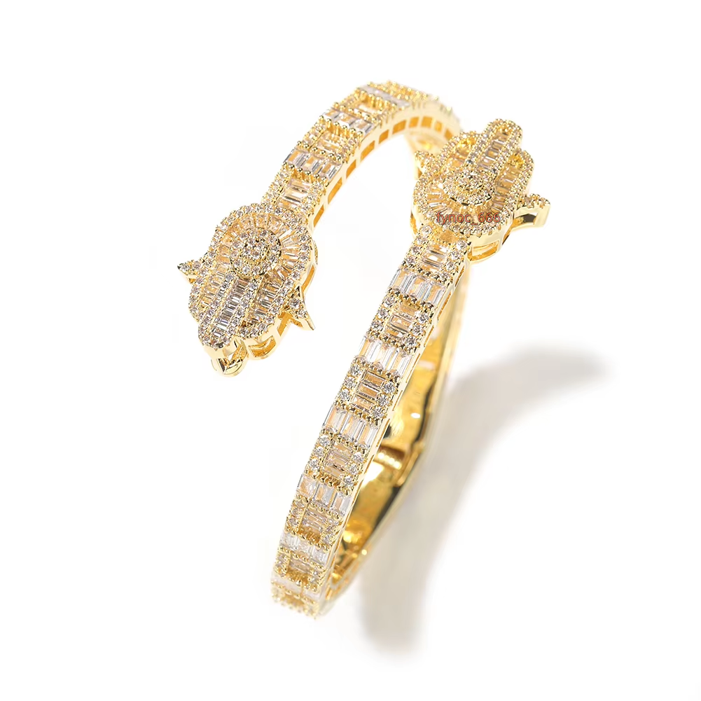 New Iced Out Bling Micro Pave 5A CZ Zircon Baguette Diamond Hamsa Hand Openning Bangle for Men Women Hip Hop Luxury Jewelry