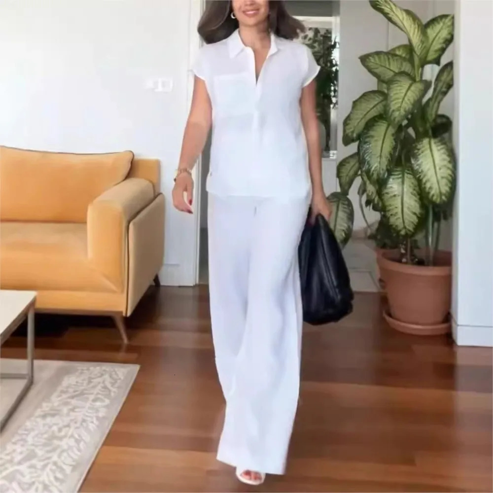 Spring summer short-sleeved shirt women Solid color cotton linen Suit Fashion pocket leg pants Female office elegant 2piece set 260304
